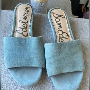 Sam Edelman Liliana Ikat Blue Suede Fabric Slip On Open Toe Sandal